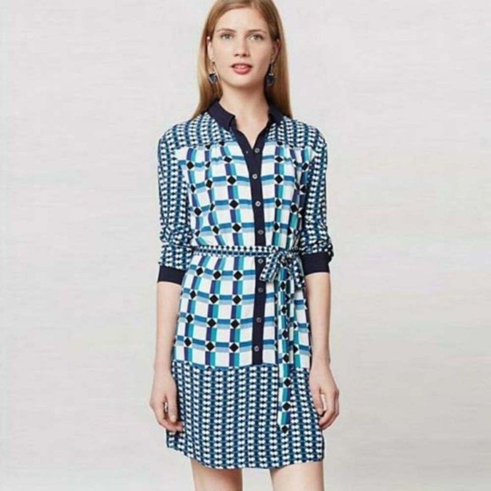 Anthropologie Maeve Blue Geometric Print Shirt Dress Small 6